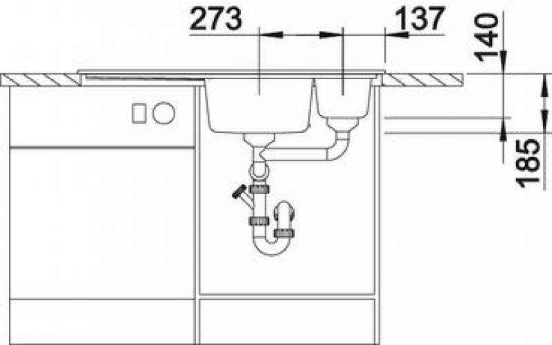 Схема встраивания 2 для мойки Blanco Axon II 6 S черный чаша слева клапан-автомат InFino 524150