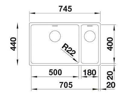 Схема встраивания 1 для мойки Blanco Andano 500/180-U нержавеющая сталь полированная чаша слева 520829