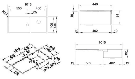 Схема встраивания для мойки Blanco Claron 400/550-T-IF/N чаша справа нержавеющая сталь полированная 521600