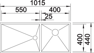 Схема встраивания для мойки Blanco Zerox 400/550-T-U нержавеющая сталь полированная клапан-автомат InFino 521605