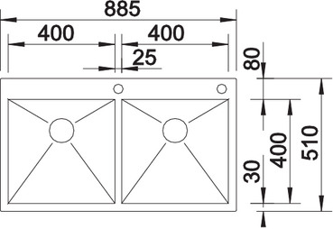Схема встраивания для мойки Blanco Zerox 400/400-IF/A нержавеющая сталь полированная клапан-автомат InFino 521648