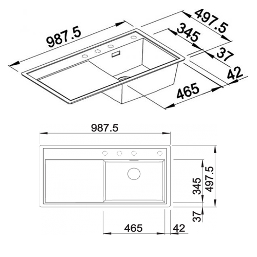 Схема встраивания для мойки Blanco Zenar XL 6 S-F темная скала чаша справа 519308