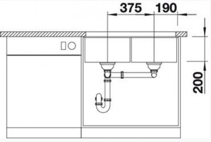 Схема встраивания 5 для мойки Blanco SUBLINE 350/350-U SILGRANIT алюметаллик клапан-автомат InFino 523576