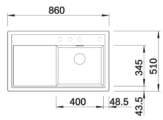 Схема встраивания 1 для мойки Blanco ZENAR 45S-1 белый чаша справа клапан-автомат InFino 523788