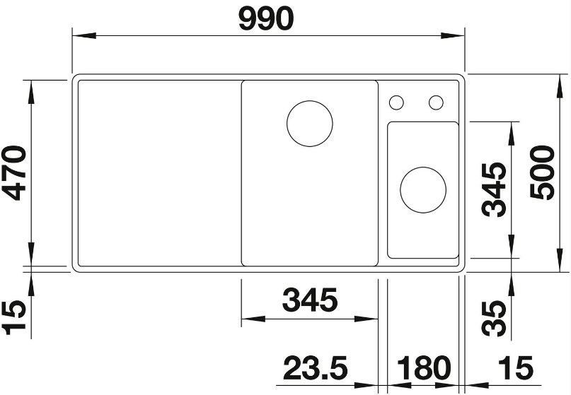 Схема встраивания 1 для мойки Blanco AXIA III 6 S-F темная скала чаша справа клапан-автомат InFino 523484