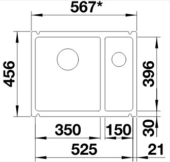 Схема встраивания 1 для мойки Blanco SUBLINE 350/150-U керамика отводная арматура InFino® глянцевая магнолия клапан-автомат InFino 523742
