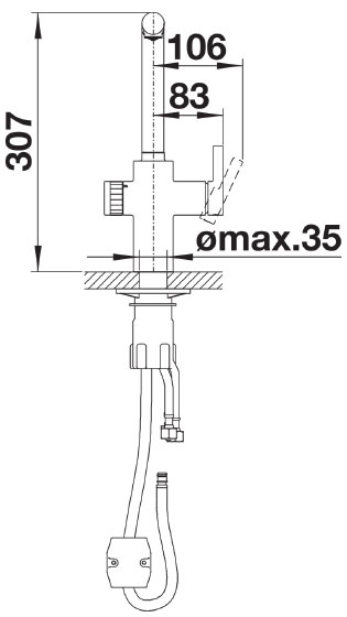 Схема встраивания 2 для смесителя Blanco EVOL-S Volume рычаг управления слева нержавеющая сталь 525213
