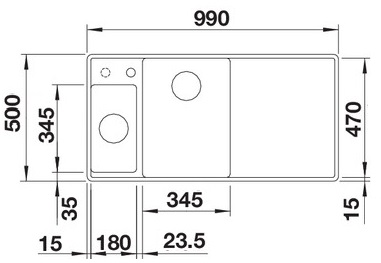 Схема встраивания 1 для мойки Blanco AXIA III 6 S-F черный чаша слева клапан-автомат InFino 525853
