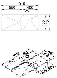 Схема встраивания для мойки Blanco Zerox 400/550-T-IF/N нержавеющая сталь полированная клапан-автомат InFino 521604