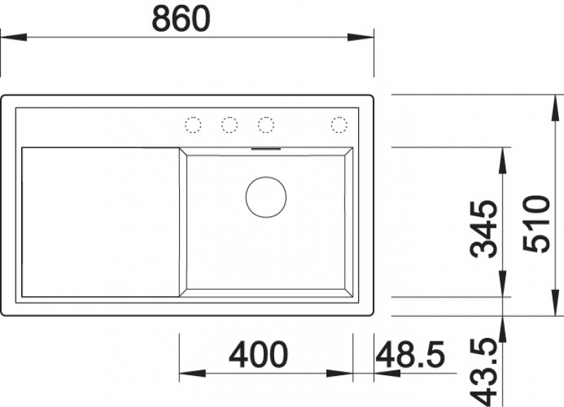 Схема встраивания 1 для мойки Blanco ZENAR 45S антрацит чаша слева клапан-автомат InFino 523802