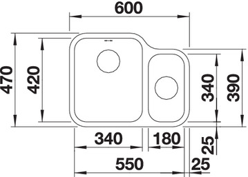 Схема встраивания 1 для мойки Blanco Ypsilon 340-U нержавеющая сталь полированная 518212