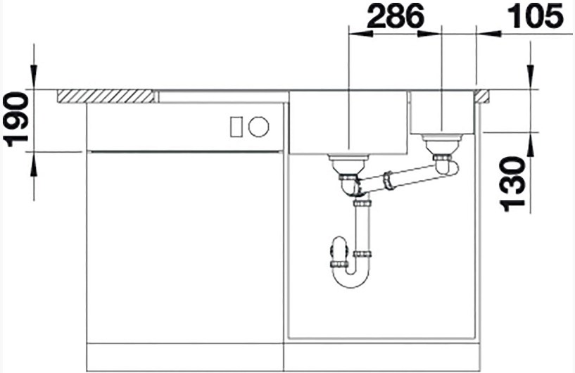 Схема встраивания 3 для мойки Blanco AXIA III 6 S-F кофе чаша справа клапан-автомат InFino 523488