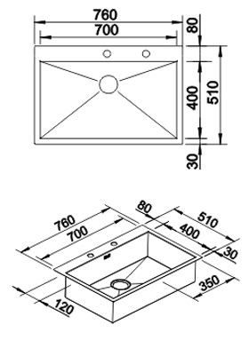 Схема встраивания для мойки Blanco Zerox 700-IF/A нержавеющая сталь полированная клапан-автомат InFino 521631