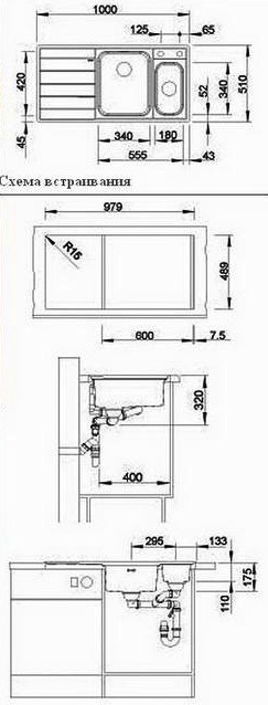 Схема встраивания для мойки Blanco Axis II 6 S-IF нержавеющая сталь полированная чаша слева 516530