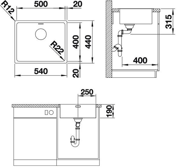 Схема встраивания для мойки Blanco Andano 500-IF нержавеющая сталь полированная клапан-автомат InFino 522965