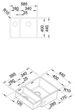 Схема встраивания 1 для мойки Blanco Claron 340/180-IF/N нержавеющая сталь полированная чаша слева клапан-автомат InFino 521607