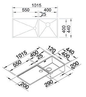 Схема встраивания для мойки Blanco Zerox 400/550-T-U нержавеющая сталь полированная клапан-автомат InFino 521606
