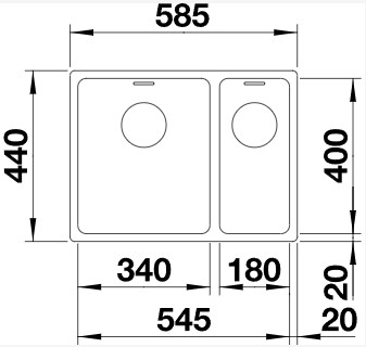 Схема встраивания 1 для мойки Blanco Andano 340/180-IF нержавеющая сталь полированная чаша слева клапан-автомат InFino 522975