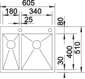Схема встраивания для мойки Blanco Zerox 340/180-IF/A нержавеющая сталь полированная клапан-автомат InFino 521642