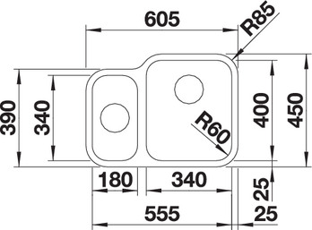 Схема встраивания 1 для мойки Blanco Supra 340/180-U нержавеющая сталь чаша слева 525217