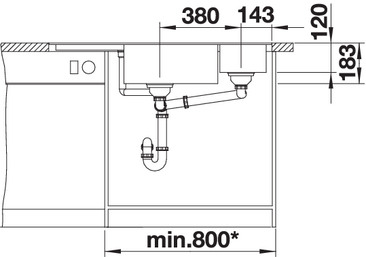 Схема встраивания 3 для мойки Blanco DELTA II-F черный чаша справа клапан-автомат InFino 525868